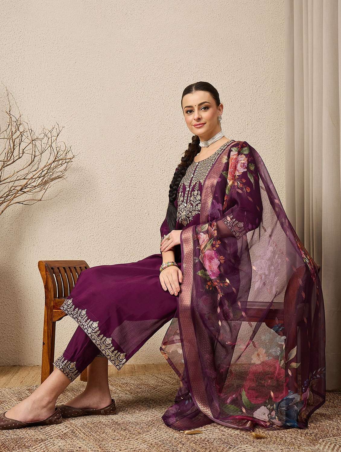 women solid with work three quarter sleeve kurta pant with dupatta set - 22322205 -  Standard Image - 3