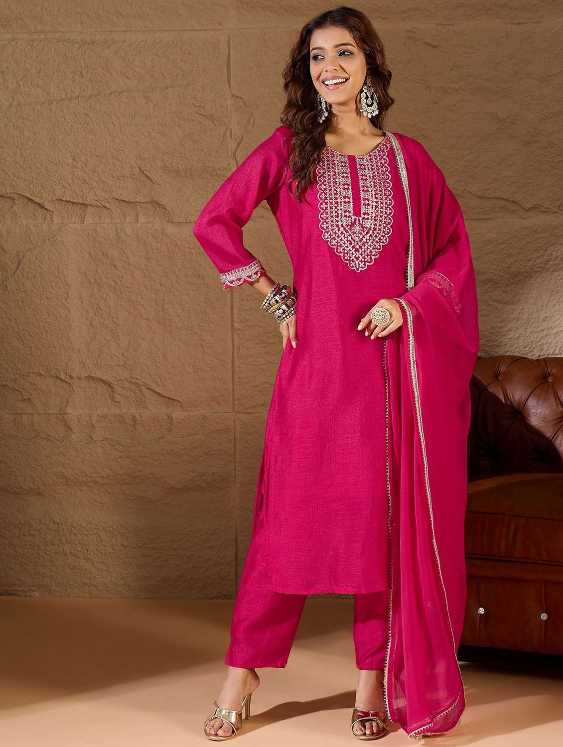 women solid with work three quarter sleeve kurta pant with dupatta set