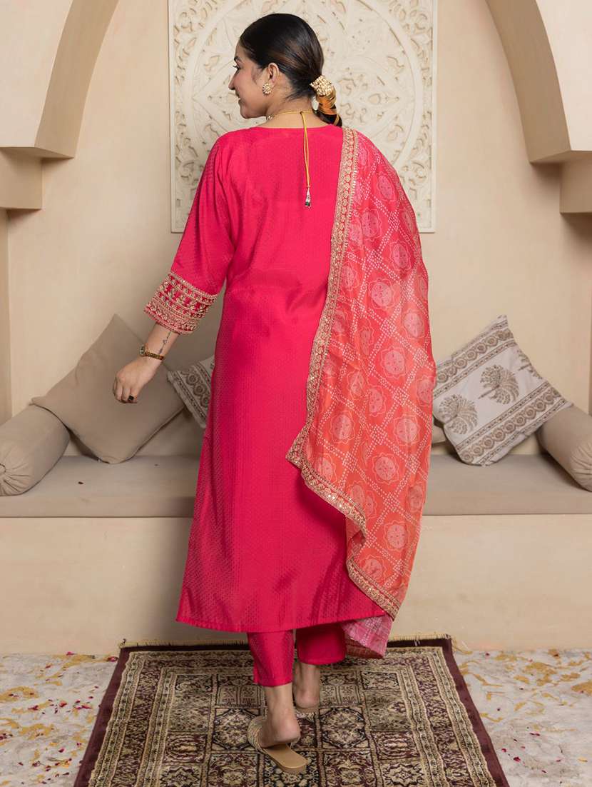 women solid with work three quarter sleeve kurta pant with dupatta set - 22322209 -  Standard Image - 3