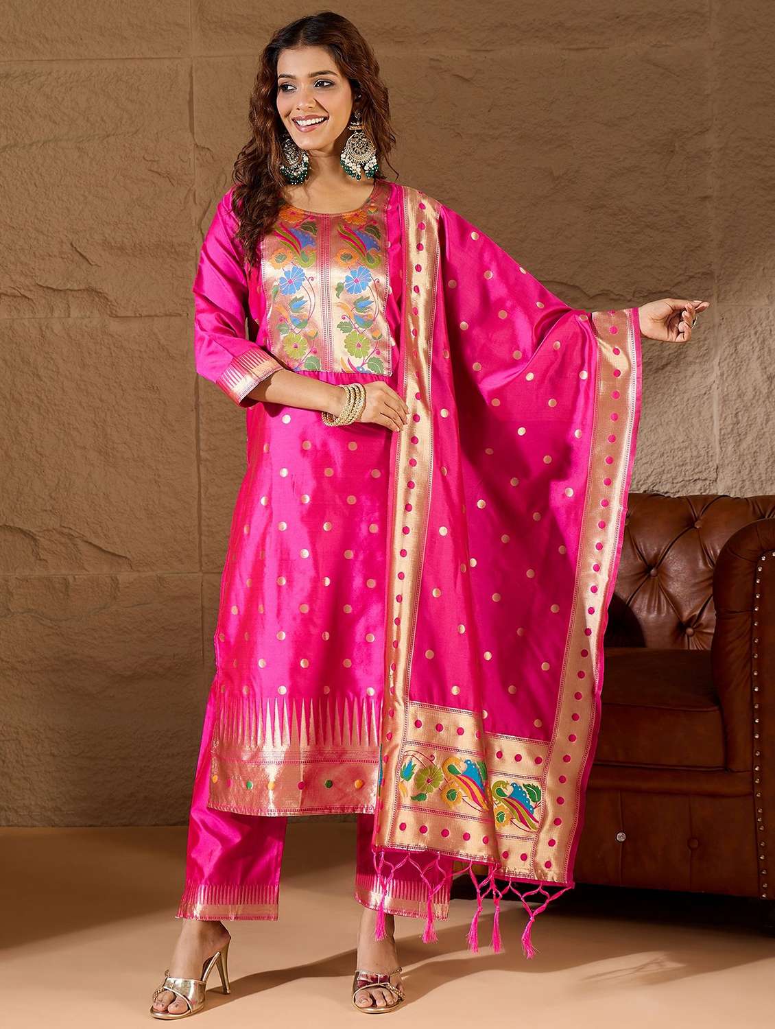 women self design three quarter sleeve kurta pant with dupatta set