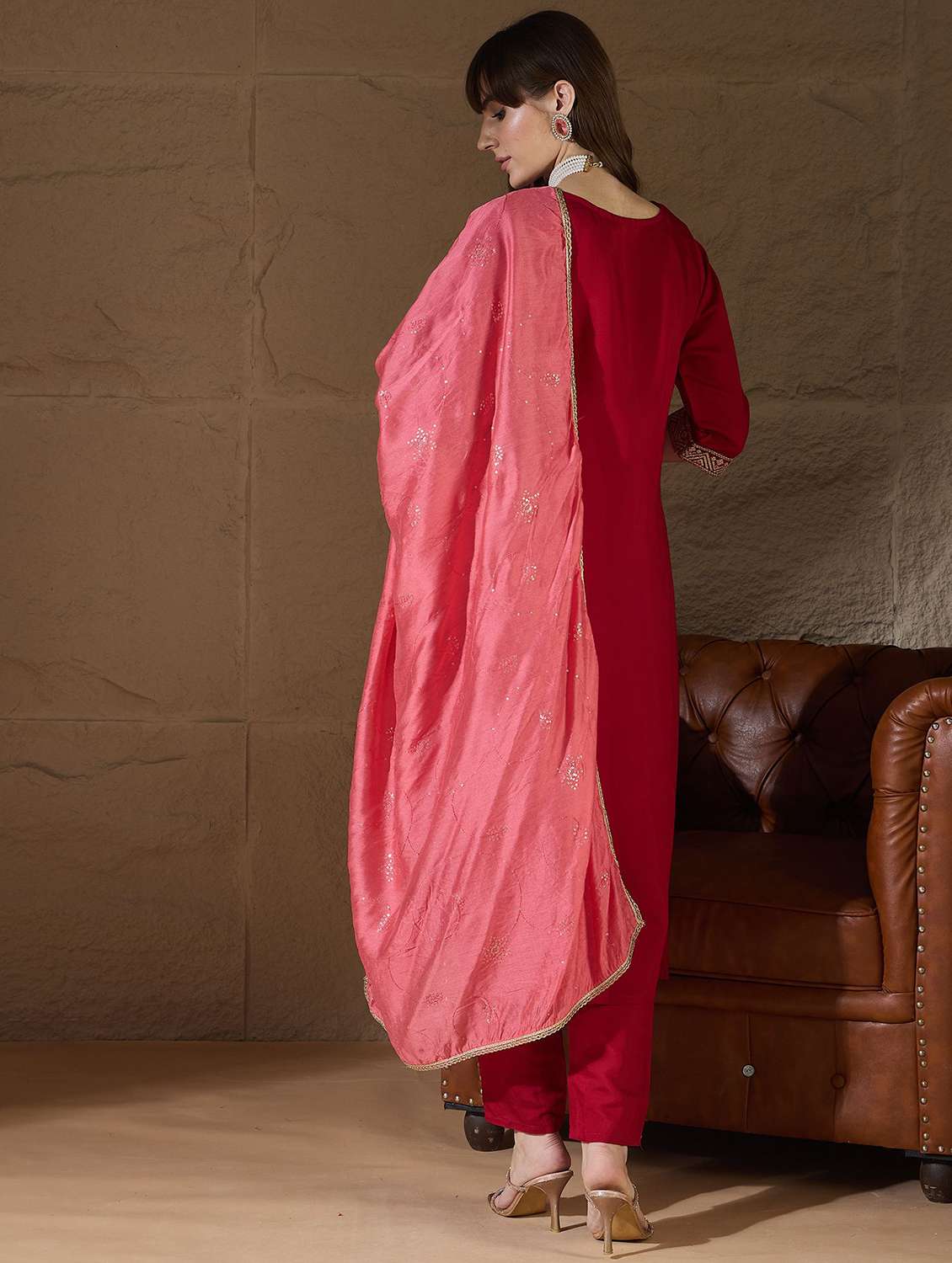women solid with work three quarter sleeve kurta pant with dupatta set - 22322220 -  Standard Image - 3
