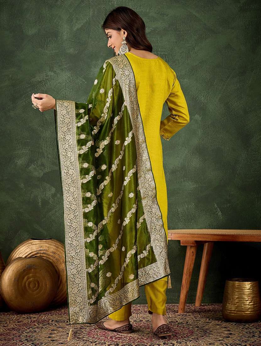 women solid with work three quarter sleeve kurta pant with dupatta set - 22322223 -  Standard Image - 3