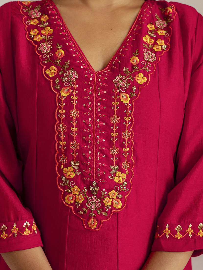 women solid with work three quarter sleeve kurta pant with dupatta set - 22322228 -  Standard Image - 5