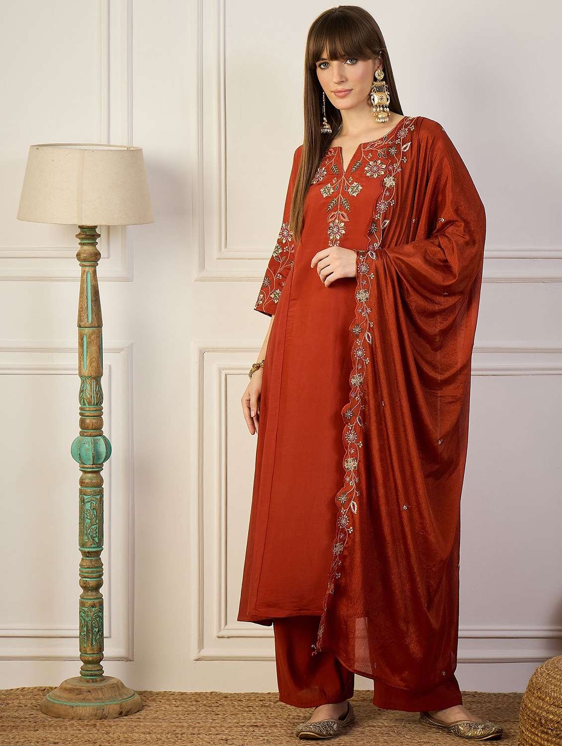 women solid with work three quarter sleeve kurta palazzo with dupatta set