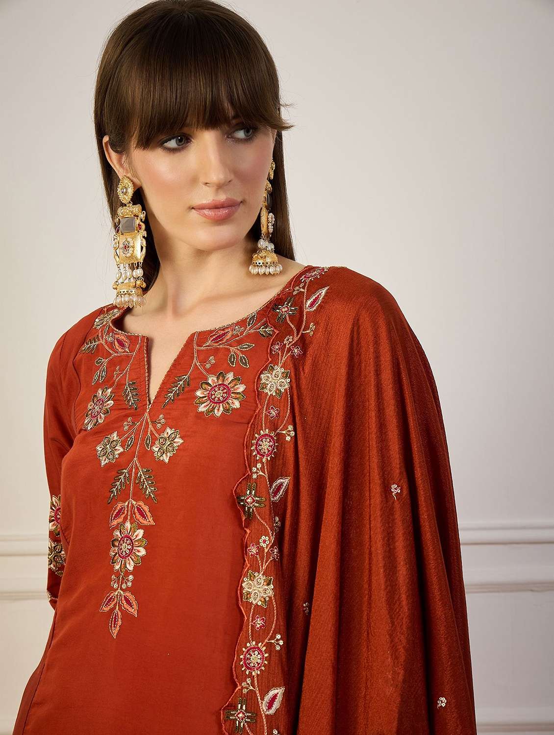 women solid with work three quarter sleeve kurta palazzo with dupatta set - 22322239 -  Standard Image - 3