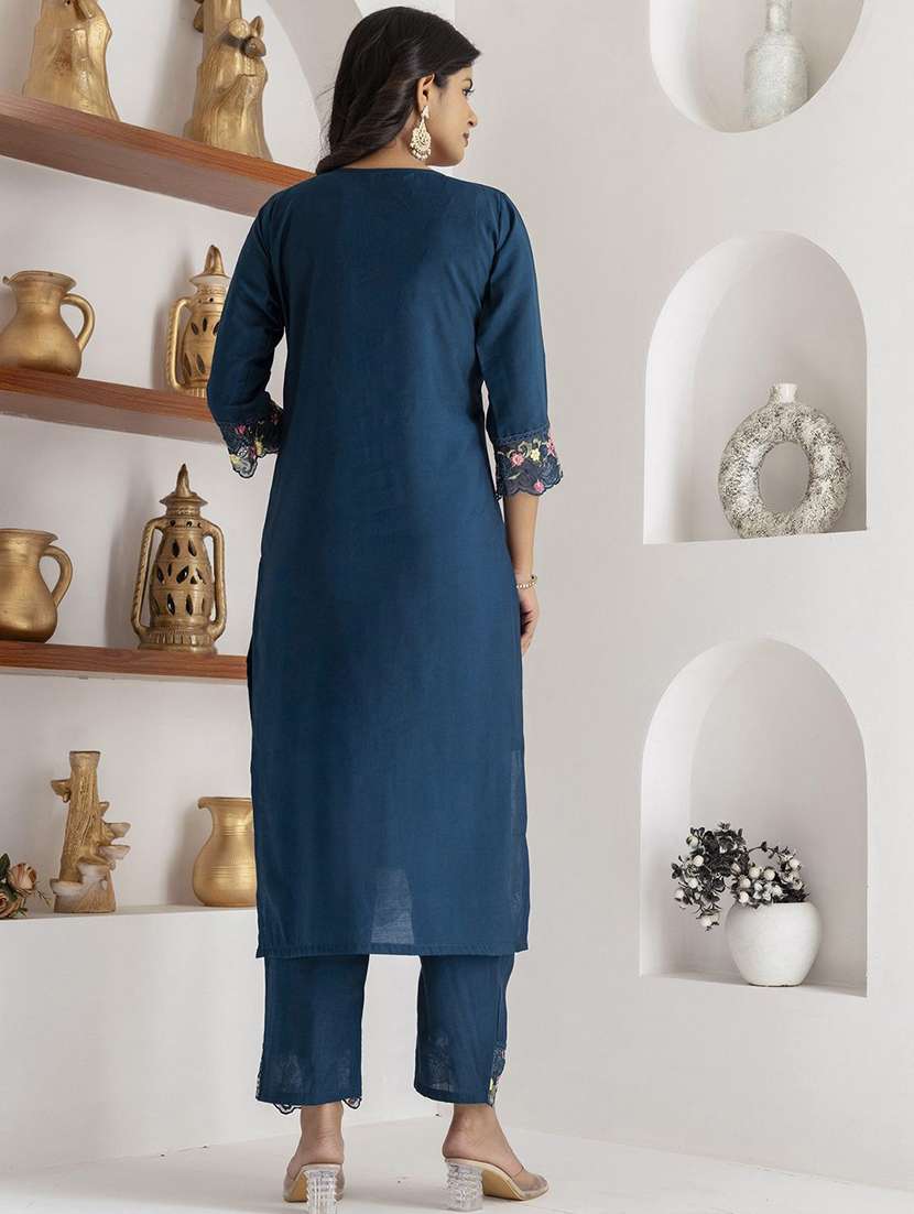 women solid with work three quarter sleeve kurta pant with dupatta set - 22322242 -  Standard Image - 3