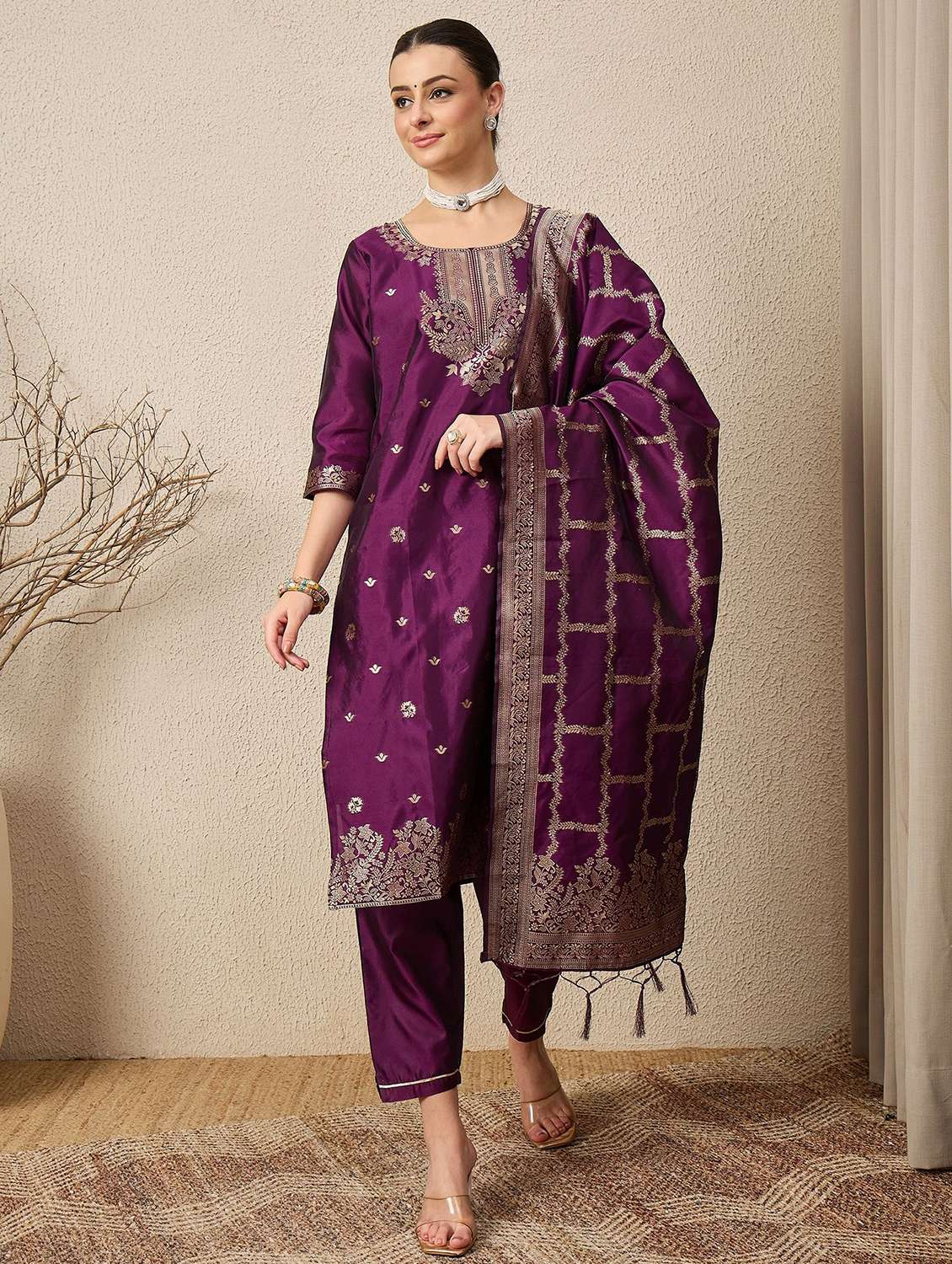 women self design three quarter sleeve kurta pant with dupatta set