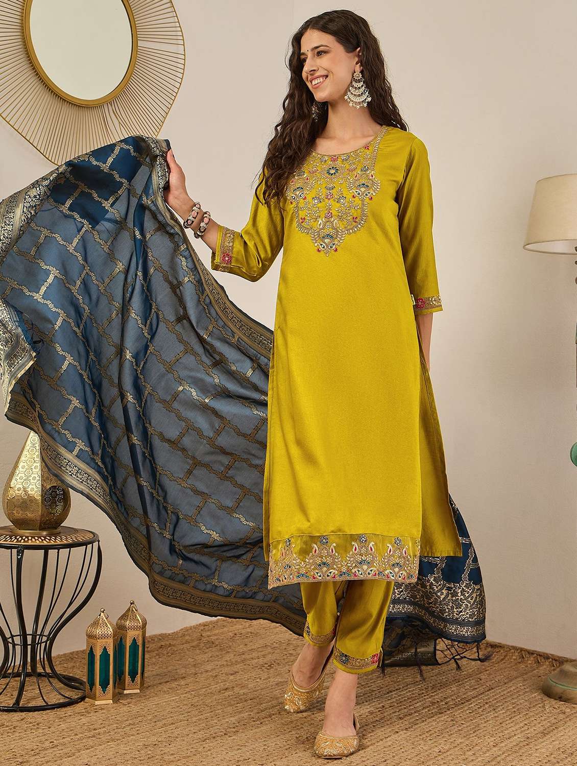 women solid with work three quarter sleeve kurta pant with dupatta set