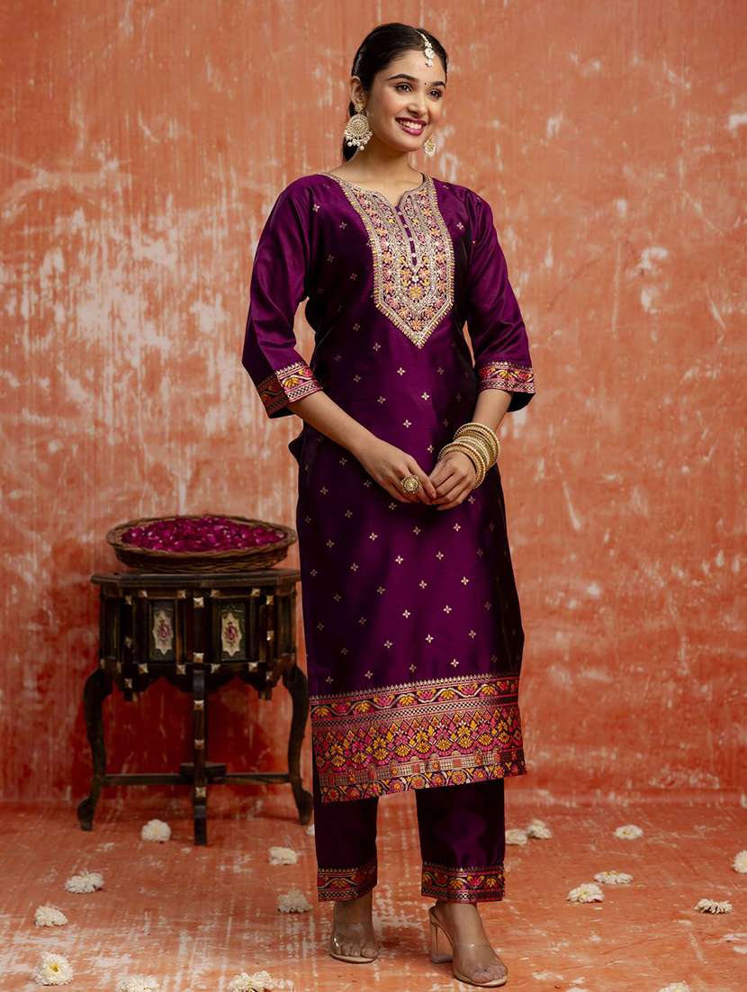 Women Self Design Three Quarter Sleeve Kurta Pant With Dupatta Set - 22322246 -  Standard Image - 3