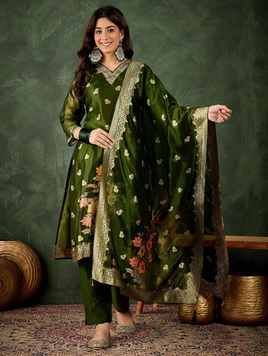 women self design three quarter sleeve kurta pant with dupatta set