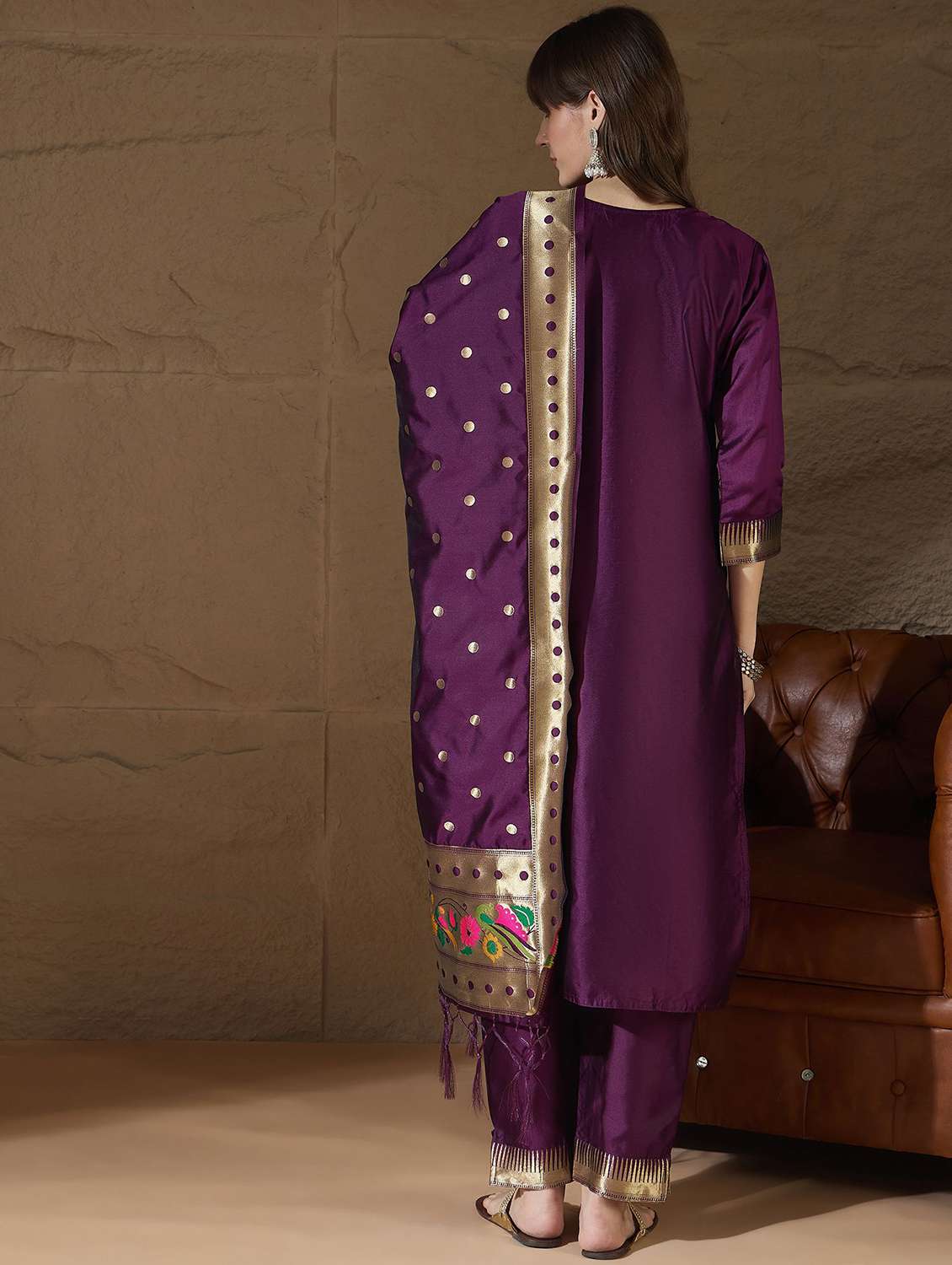 Women Self Design Three Quarter Sleeve Kurta Pant With Dupatta Set - 22322273 -  Standard Image - 3