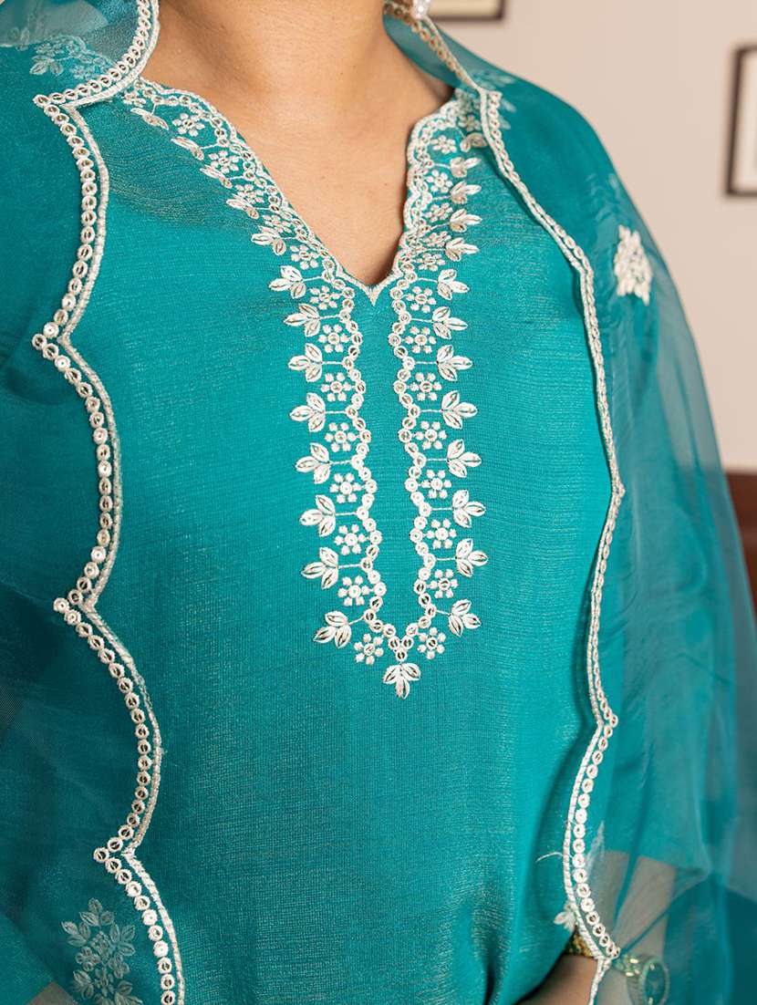 women solid with work three quarter sleeve kurta pant with dupatta set - 22322275 -  Standard Image - 5