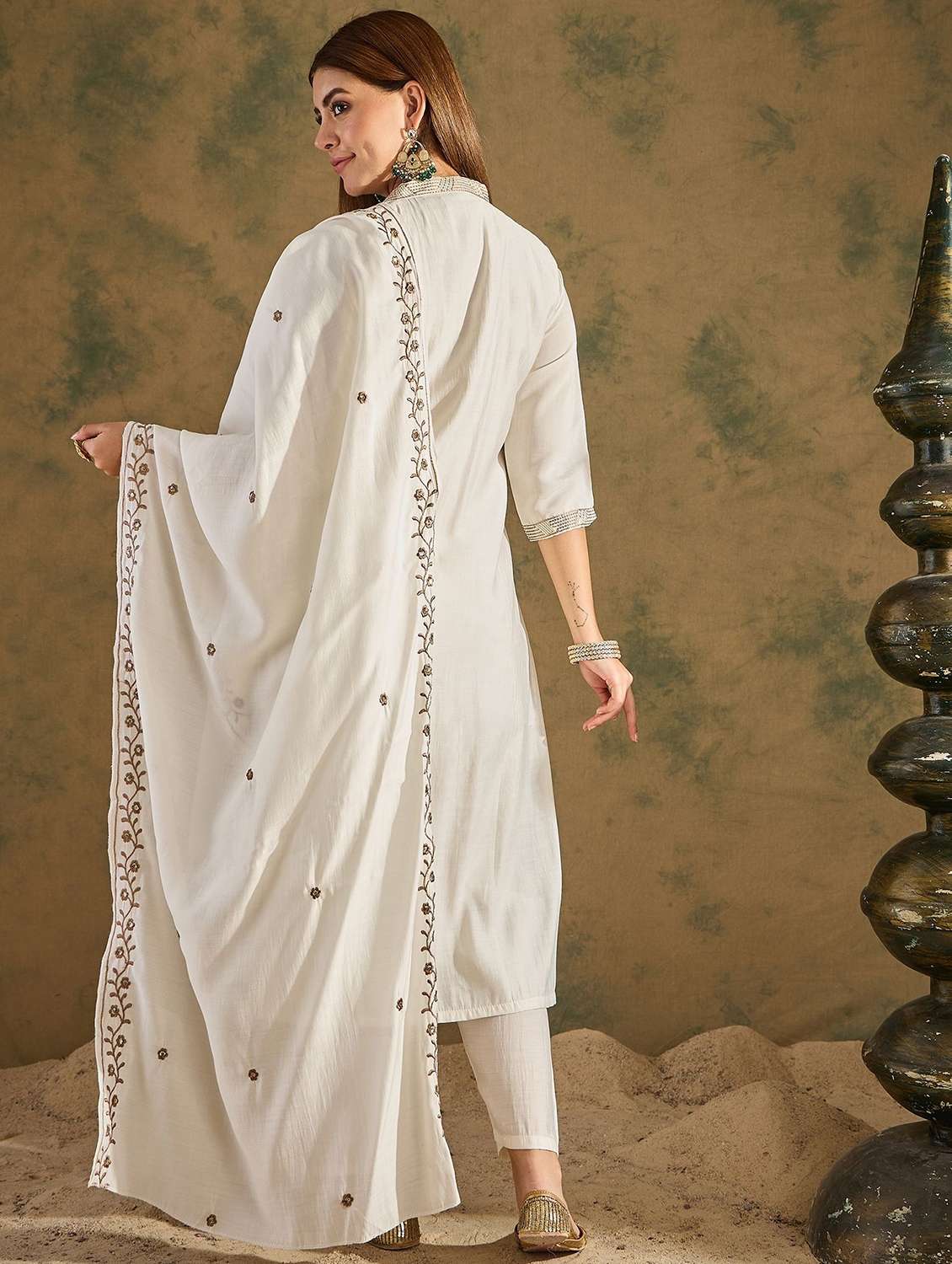 women solid with work three quarter sleeve kurta pant with dupatta set - 22322283 -  Standard Image - 3