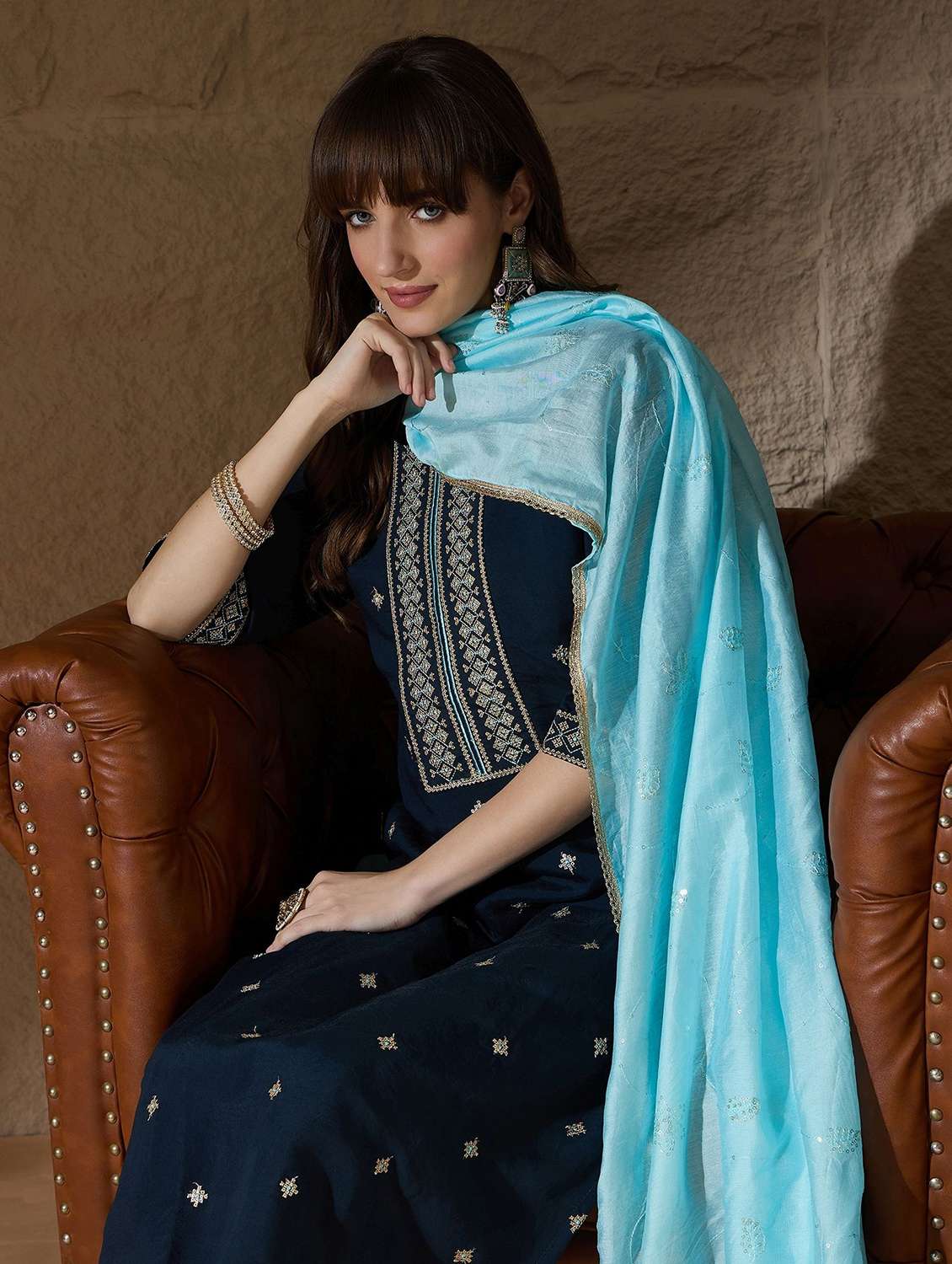 women solid with work three quarter sleeve kurta pant with dupatta set - 22322286 -  Standard Image - 3