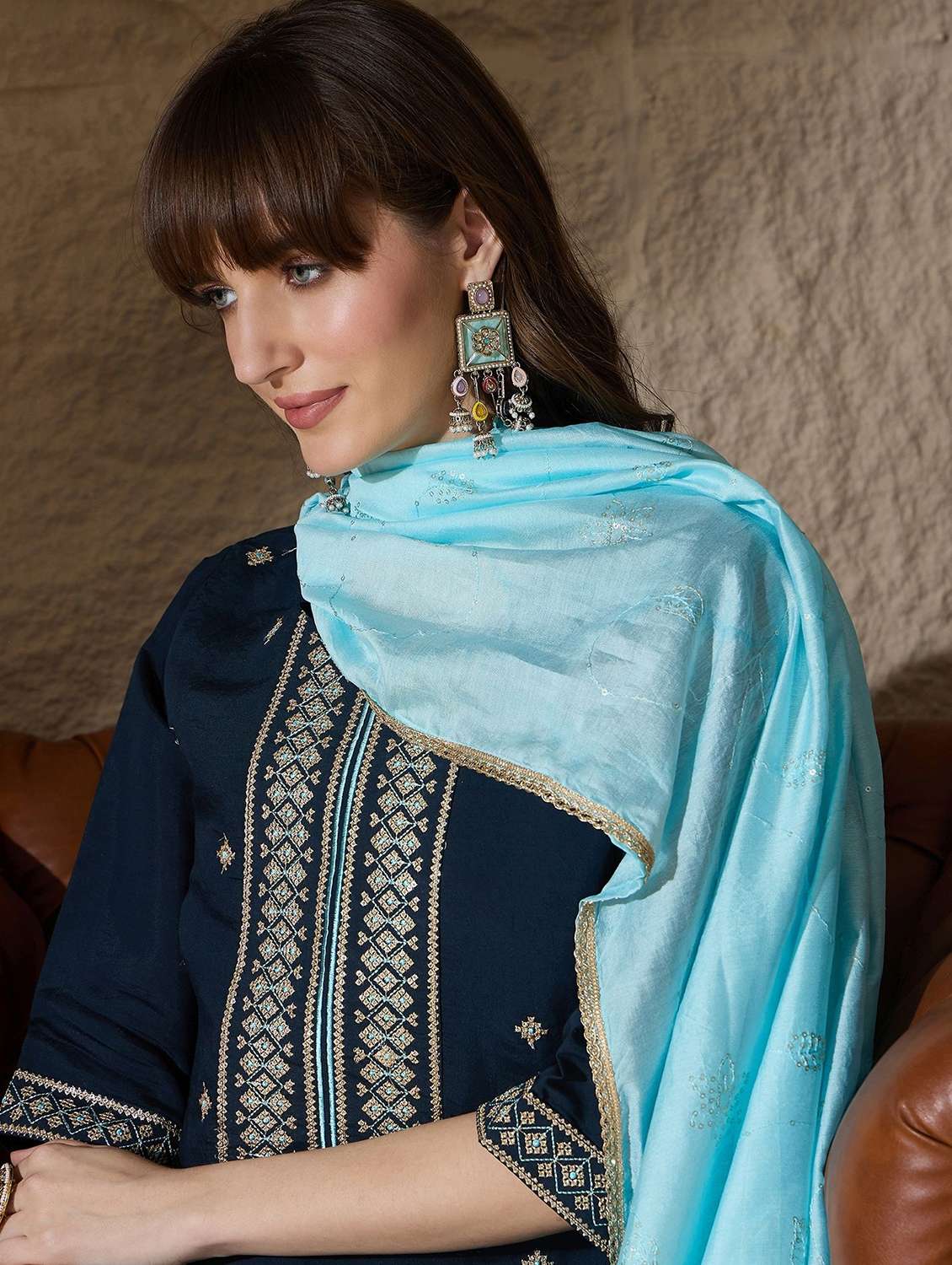 women solid with work three quarter sleeve kurta pant with dupatta set - 22322286 -  Standard Image - 5