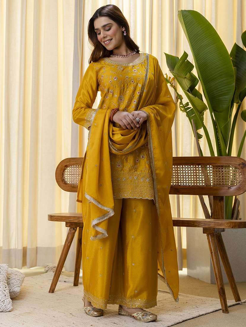 women solid with work three quarter sleeve kurta palazzo with dupatta set