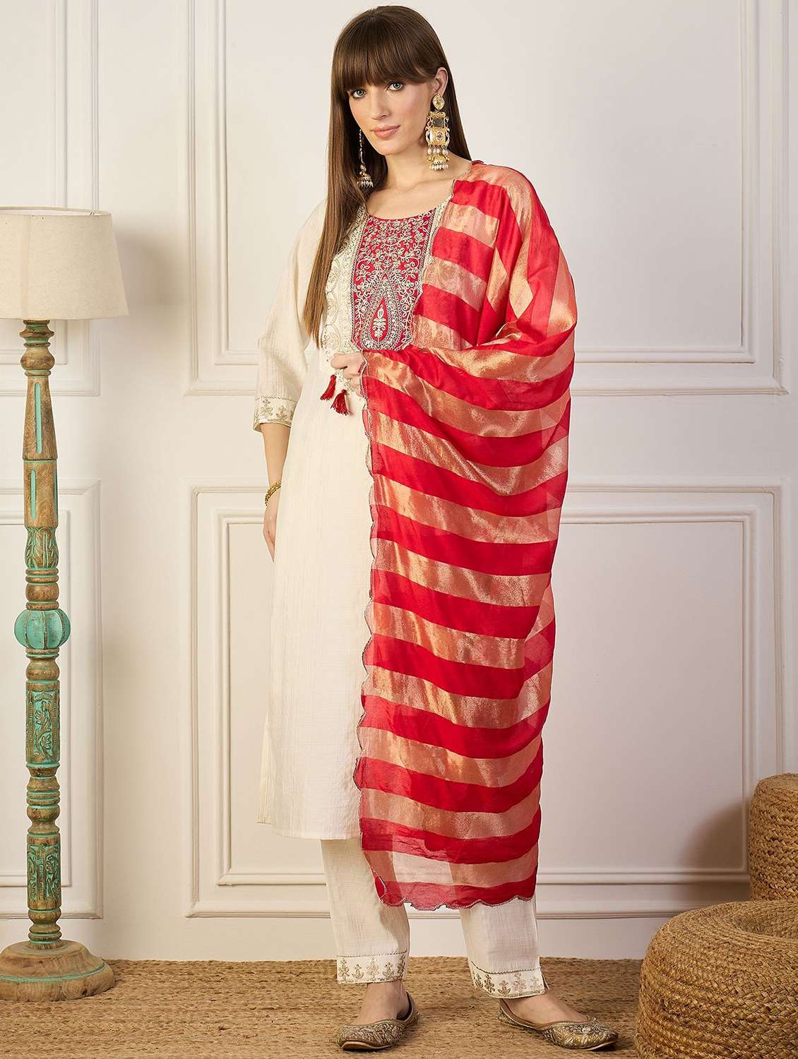 women solid with work three quarter sleeve kurta pant with dupatta set