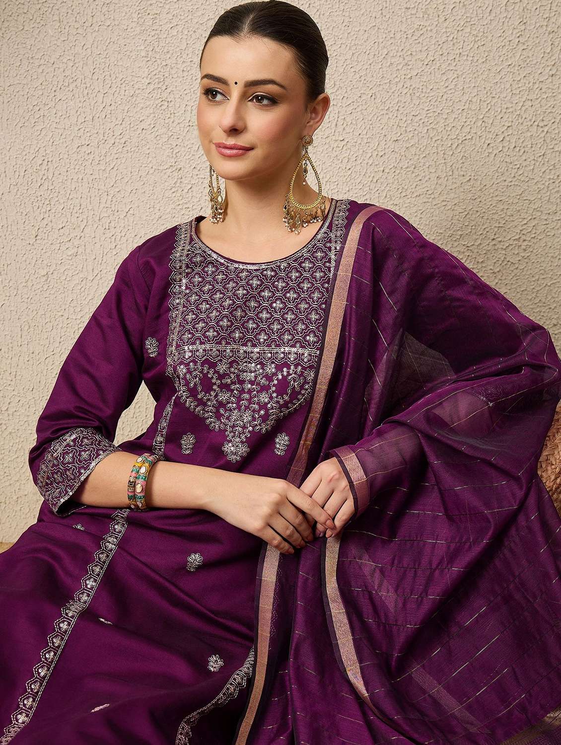 women solid with work round neck kurta pant with dupatta set  - 22322311 -  Standard Image - 3