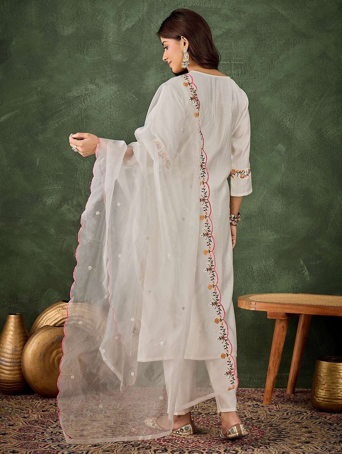 women solid with work three quarter sleeve kurta pant with dupatta set - 22322314 -  Standard Image - 3