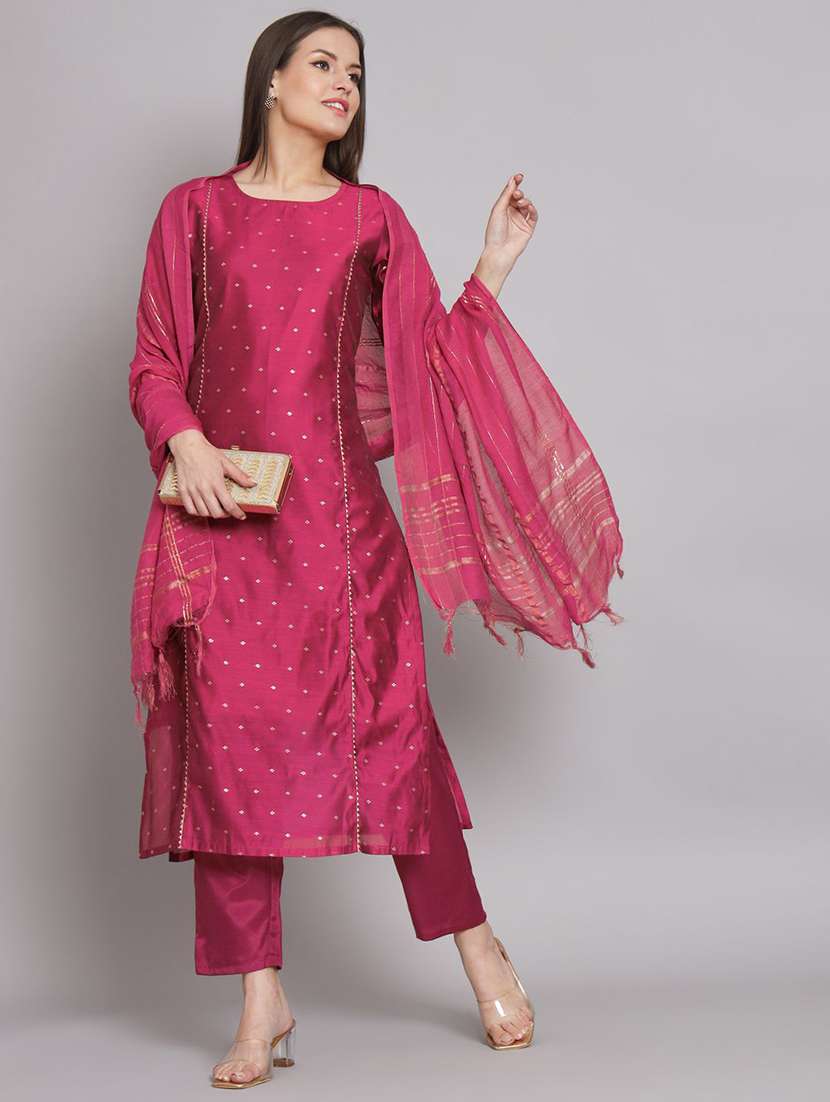 women solid with work round neck kurta pant with dupatta set 