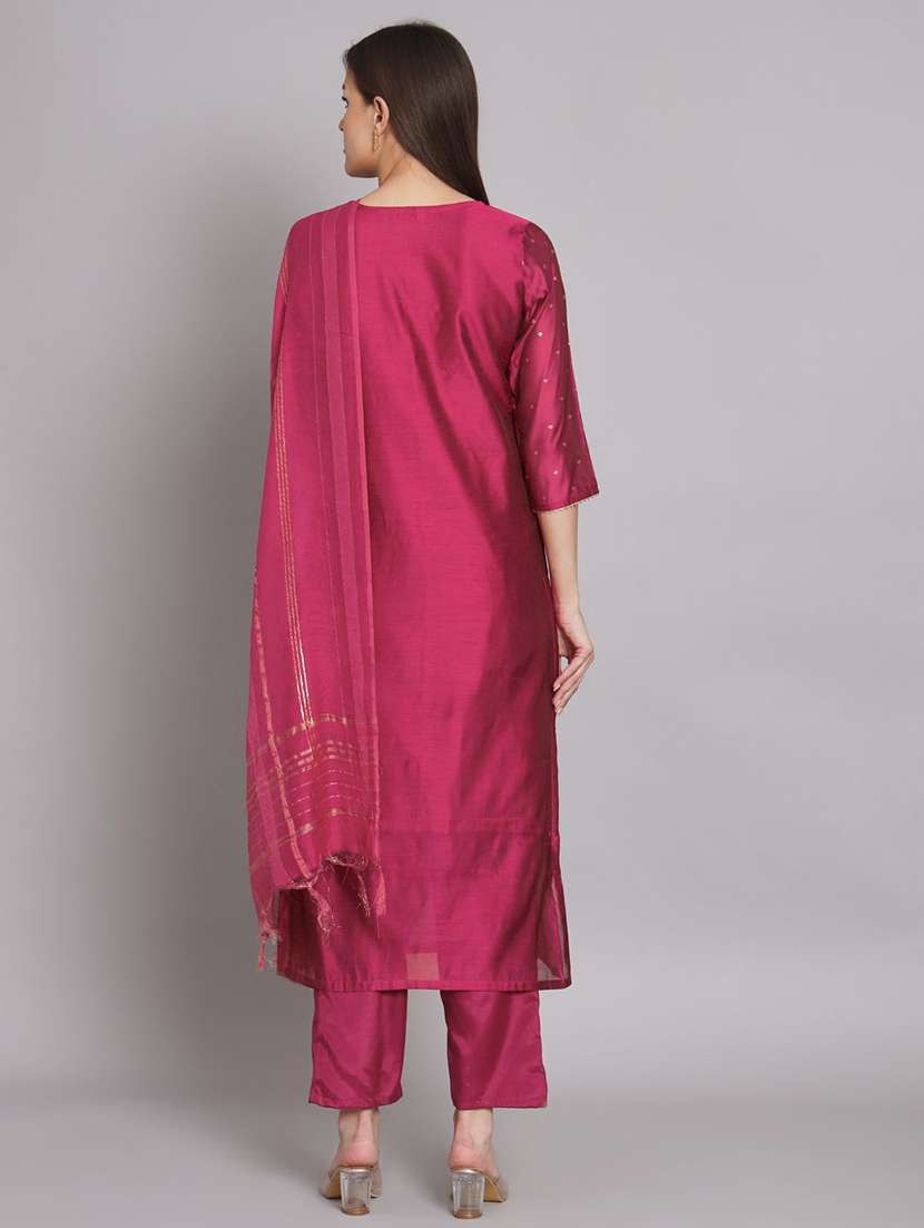 women solid with work round neck kurta pant with dupatta set  - 22322316 -  Standard Image - 3