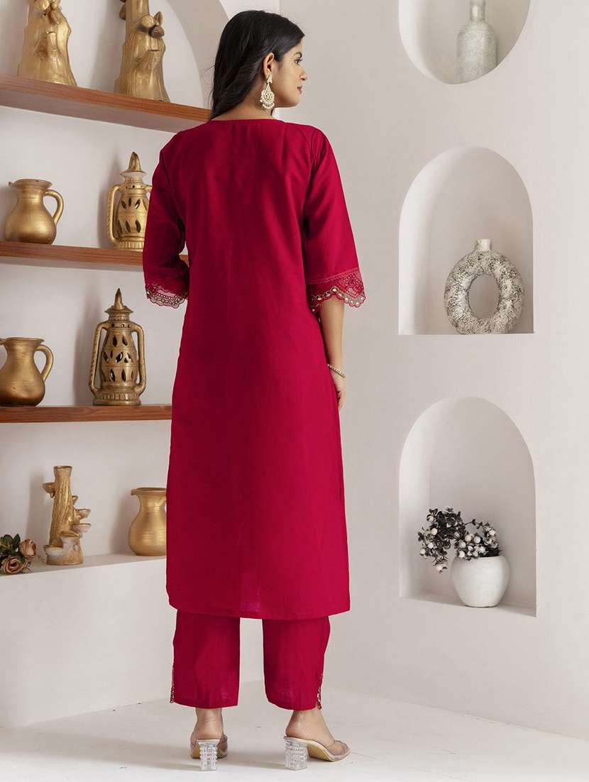 women solid with work round neck kurta pant with dupatta set  - 22322319 -  Standard Image - 3