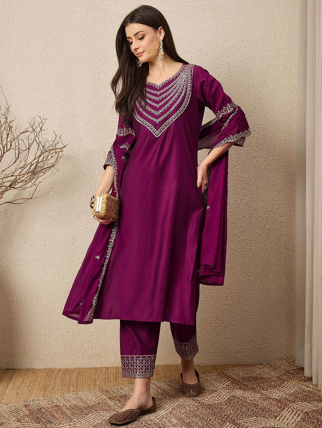 women solid with work three quarter sleeve kurta pant with dupatta set