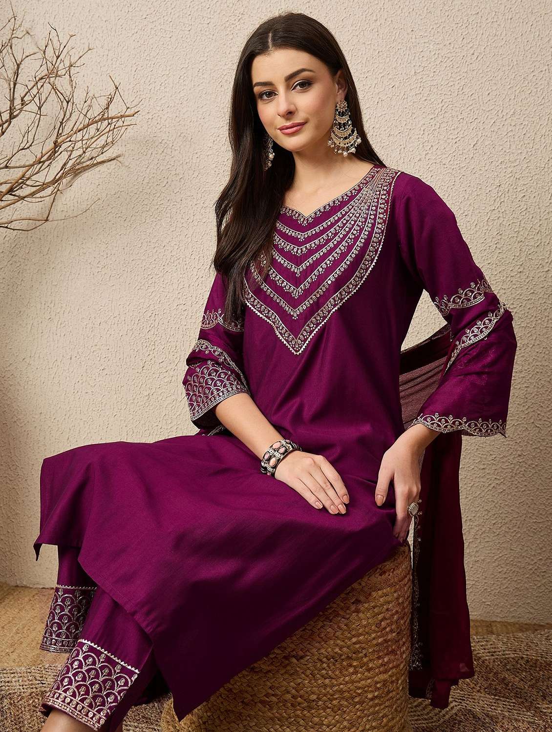 women solid with work three quarter sleeve kurta pant with dupatta set - 22322337 -  Standard Image - 3