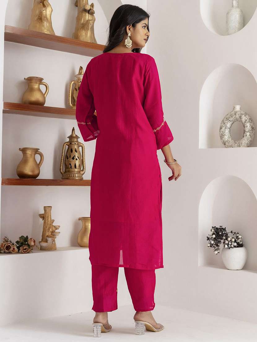 women solid with work three quarter sleeve kurta pant with dupatta set - 22322338 -  Standard Image - 3