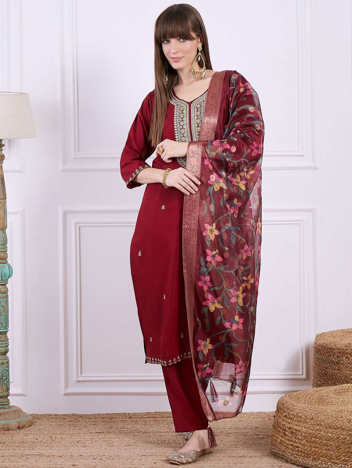 women solid with work three quarter sleeve kurta pant with dupatta set