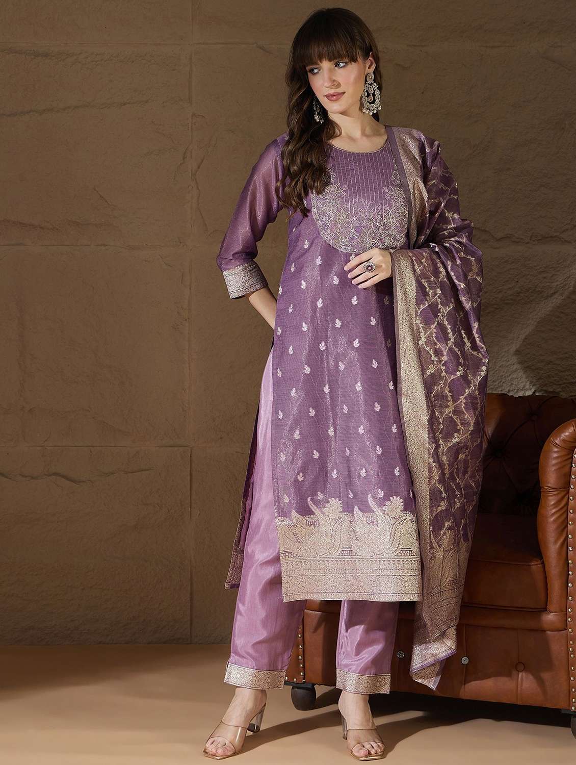 women self design three quarter sleeve kurta pant with dupatta set