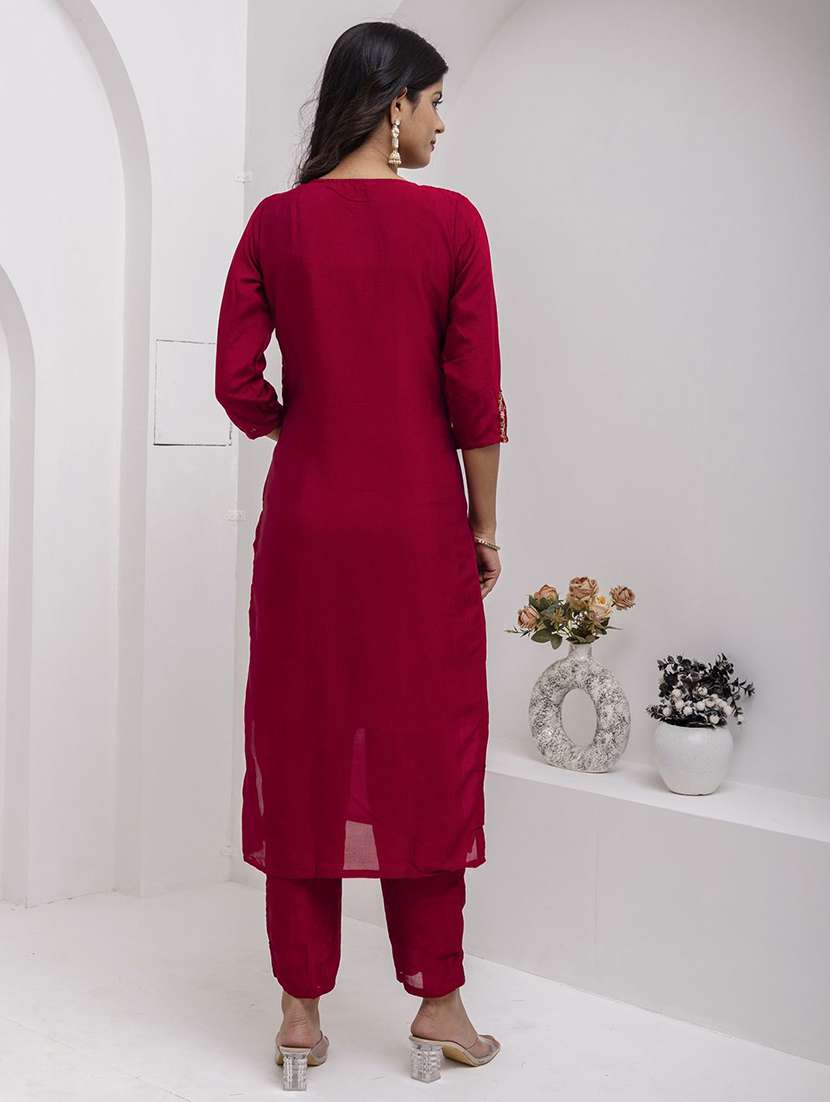 women solid with work three quarter sleeve kurta pant with dupatta set - 22322348 -  Standard Image - 3