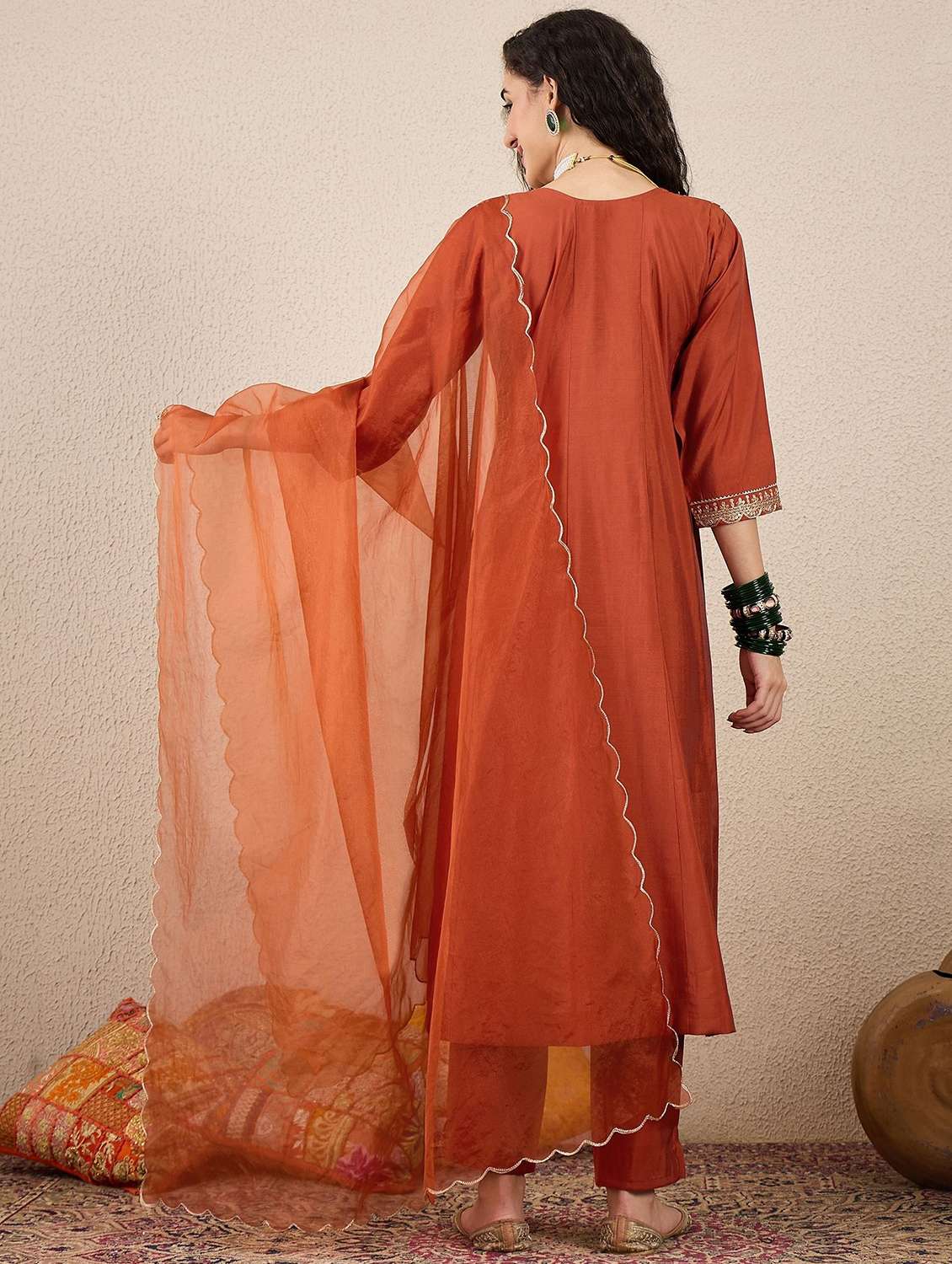 women solid with work three quarter sleeve kurta pant with dupatta set - 22322351 -  Standard Image - 3