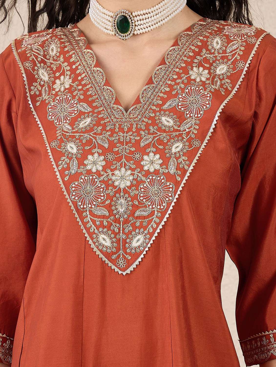 women solid with work three quarter sleeve kurta pant with dupatta set - 22322351 -  Standard Image - 5