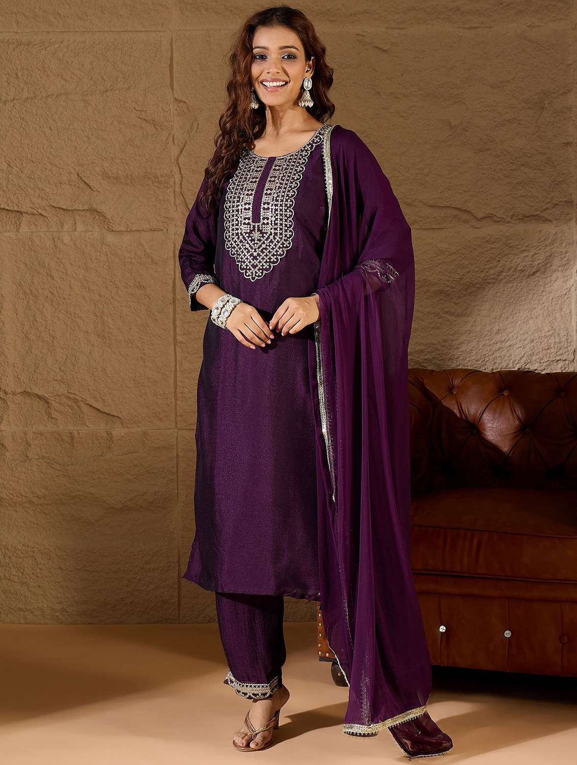 women solid with work three quarter sleeve kurta pant with dupatta set