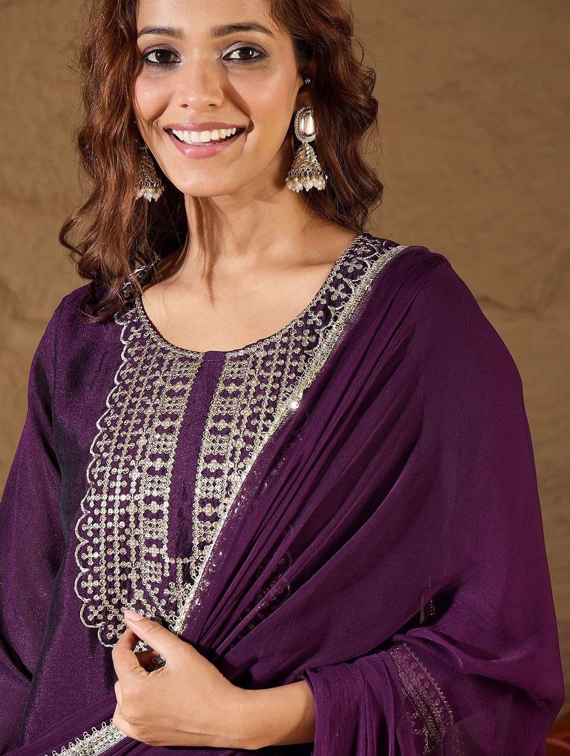 women solid with work three quarter sleeve kurta pant with dupatta set - 22322355 -  Standard Image - 5