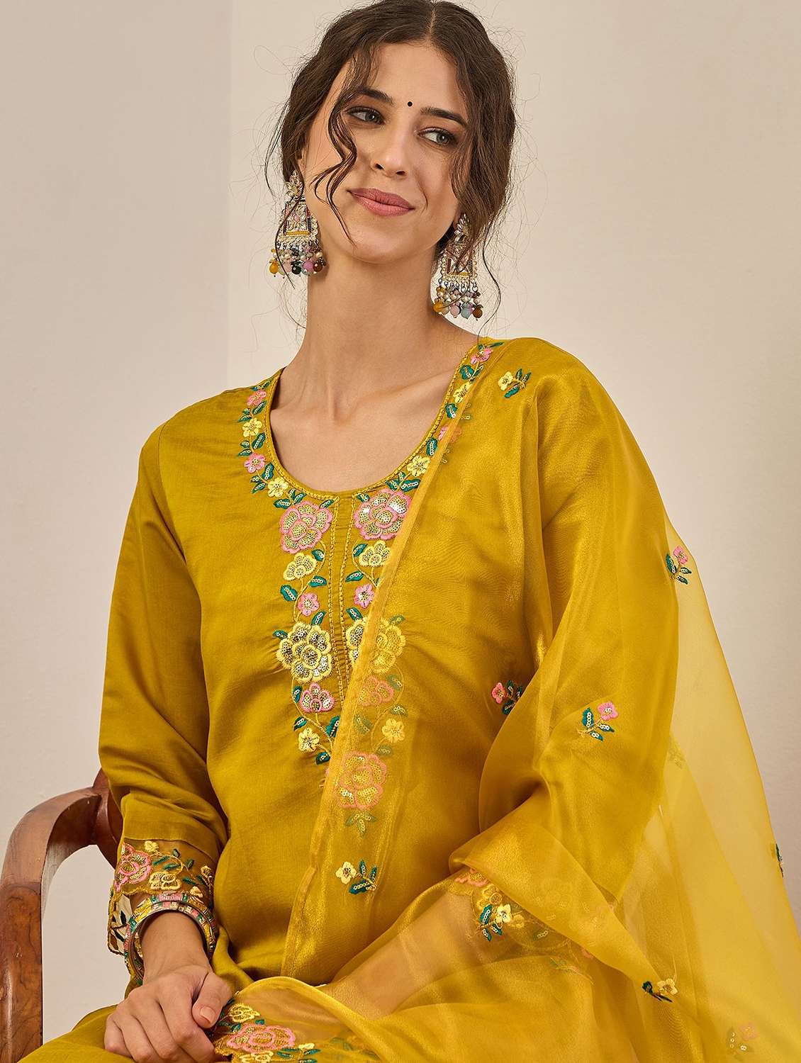 women solid with work three quarter sleeve kurta pant with dupatta set - 22322356 -  Standard Image - 5