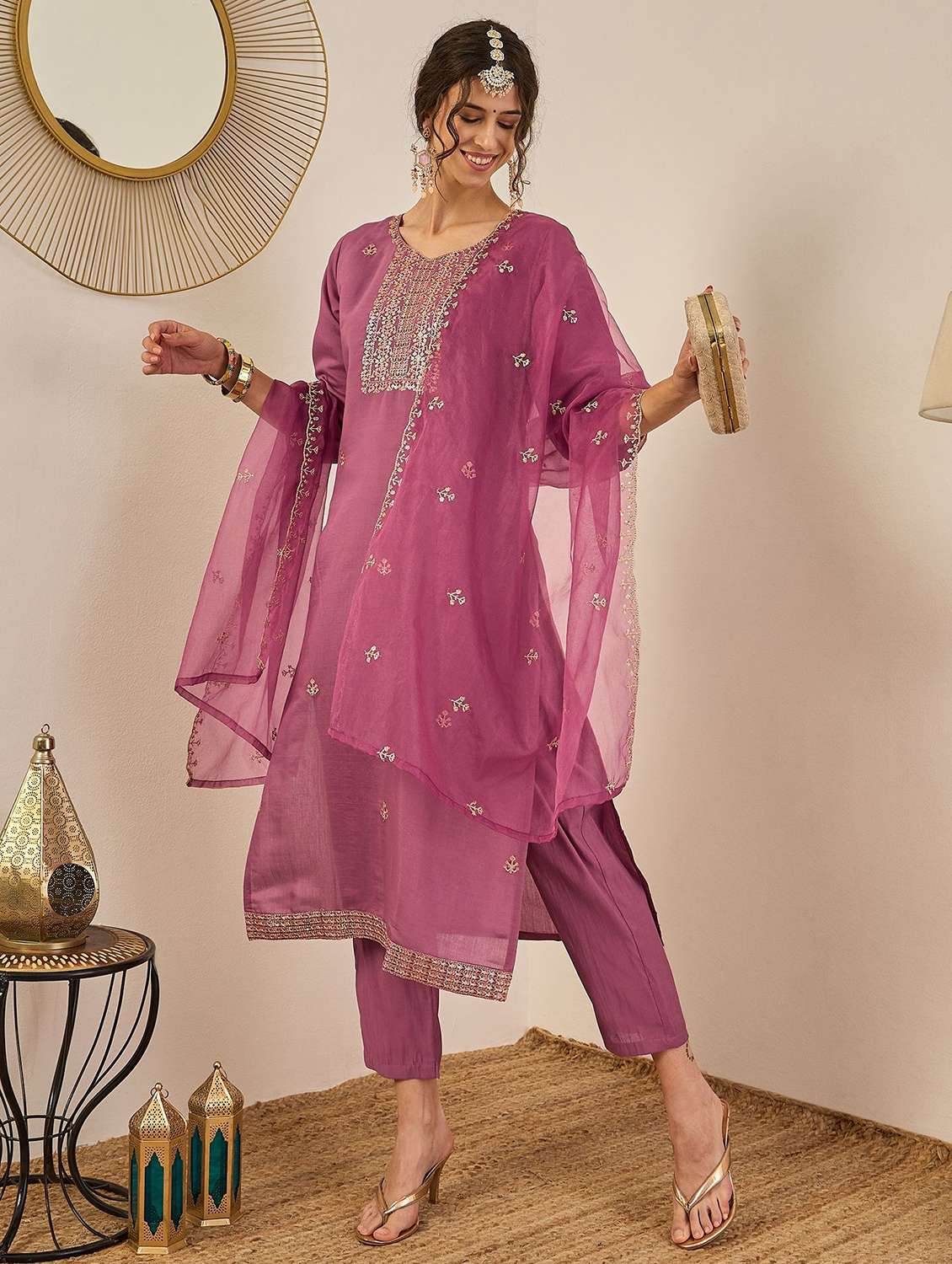 women solid with work three quarter sleeve kurta pant with dupatta set