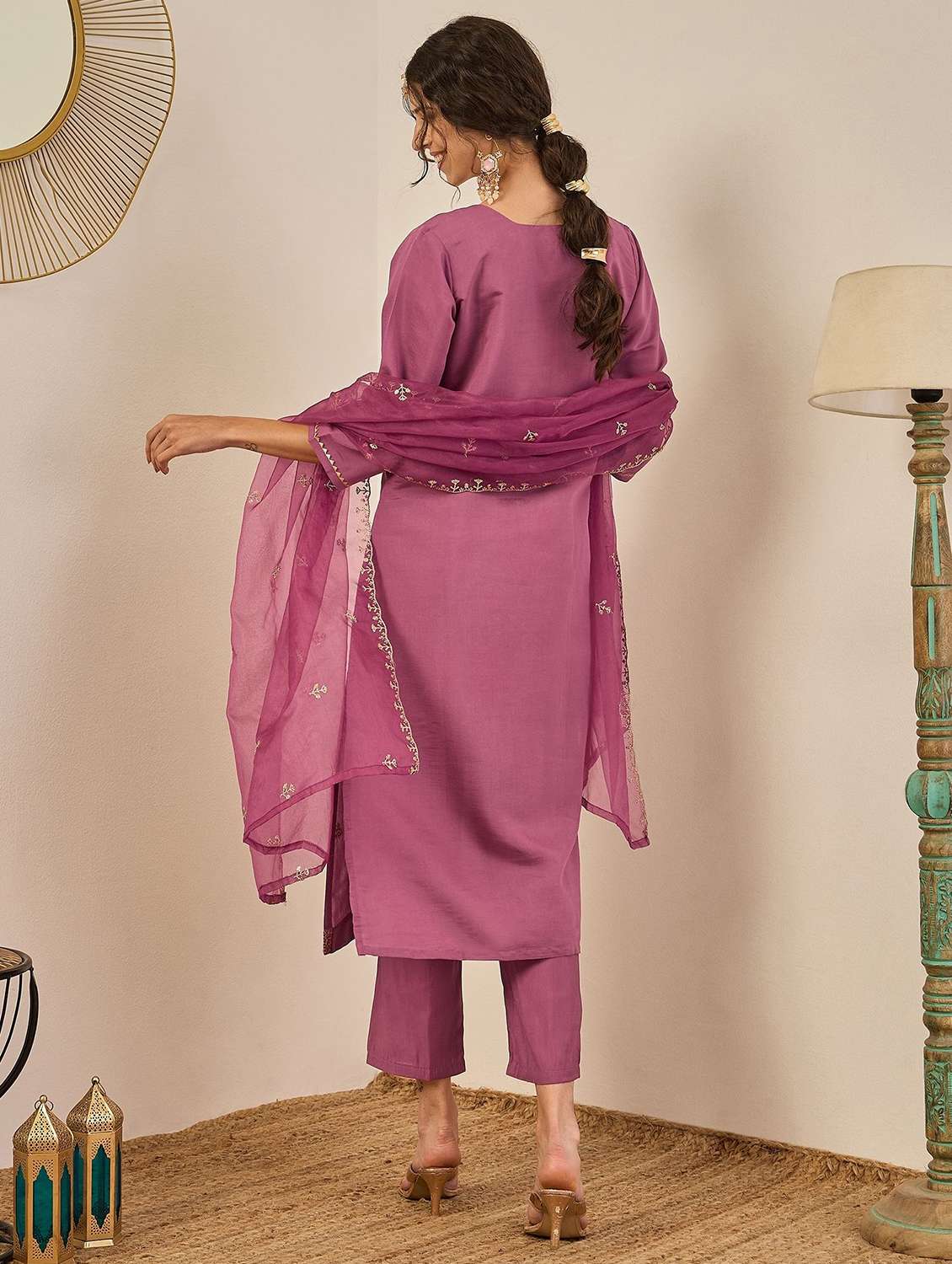 women solid with work three quarter sleeve kurta pant with dupatta set - 22322358 -  Standard Image - 3