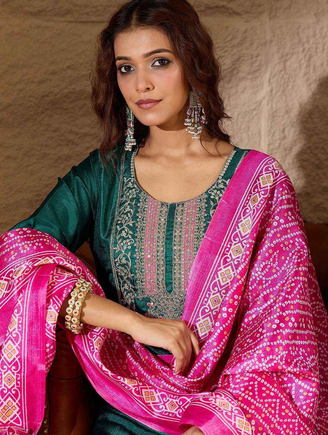 women solid with work three quarter sleeve kurta pant with dupatta set - 22322359 -  Standard Image - 5