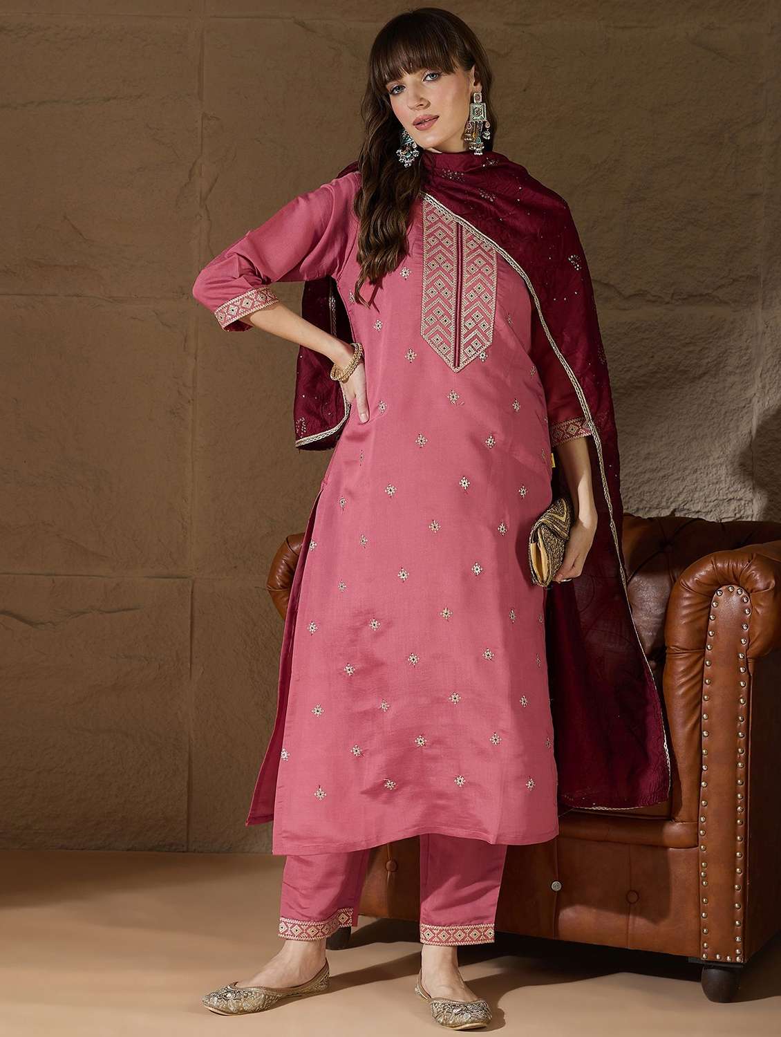 women solid with work three quarter sleeve kurta pant with dupatta set