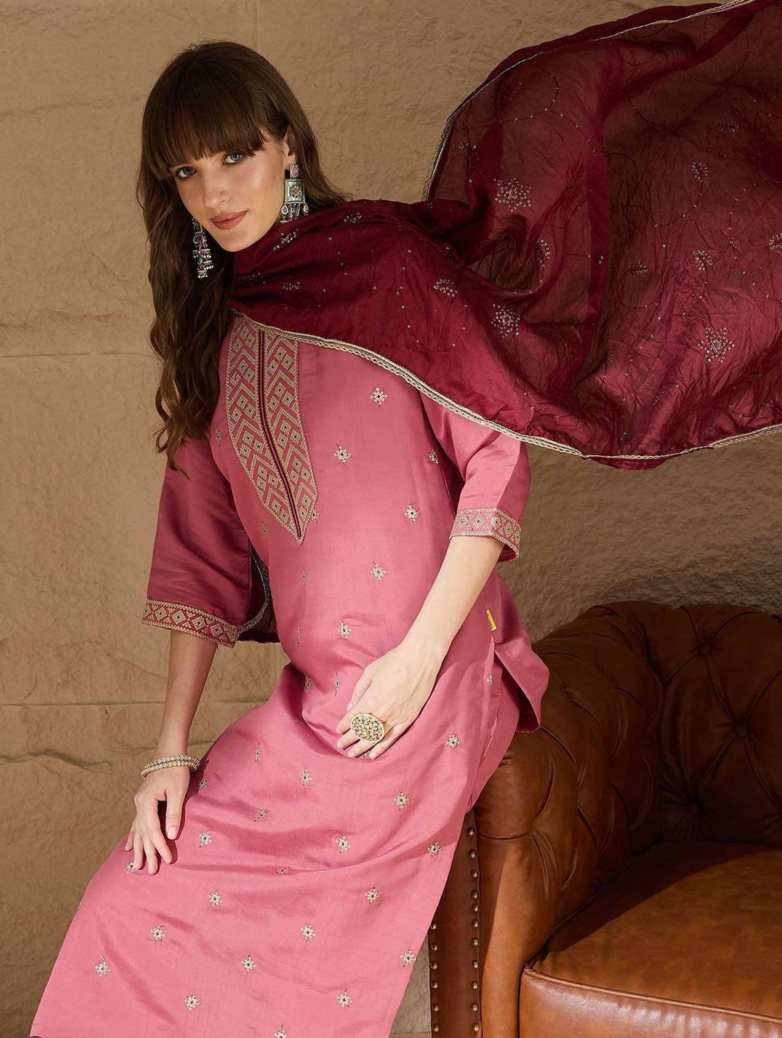 Women Solid With Work Three Quarter Sleeve Kurta Pant With Dupatta Set - 22322360 -  Standard Image - 3