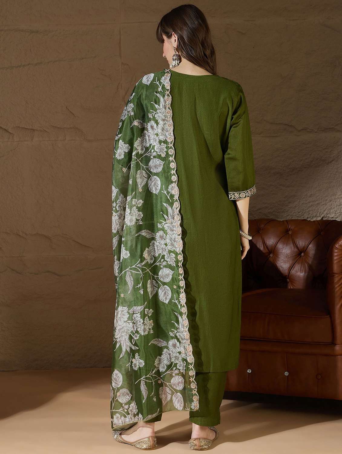 women solid with work three quarter sleeve kurta pant with dupatta set - 22322361 -  Standard Image - 3