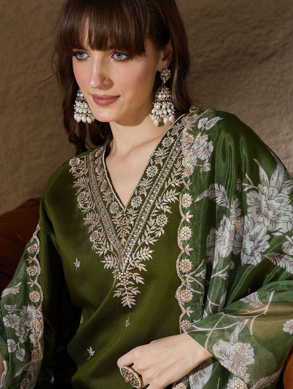 women solid with work three quarter sleeve kurta pant with dupatta set - 22322361 -  Standard Image - 5