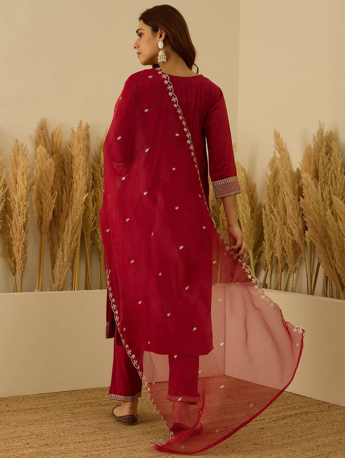 women solid with work three quarter sleeve kurta pant with dupatta set - 22322368 -  Standard Image - 3