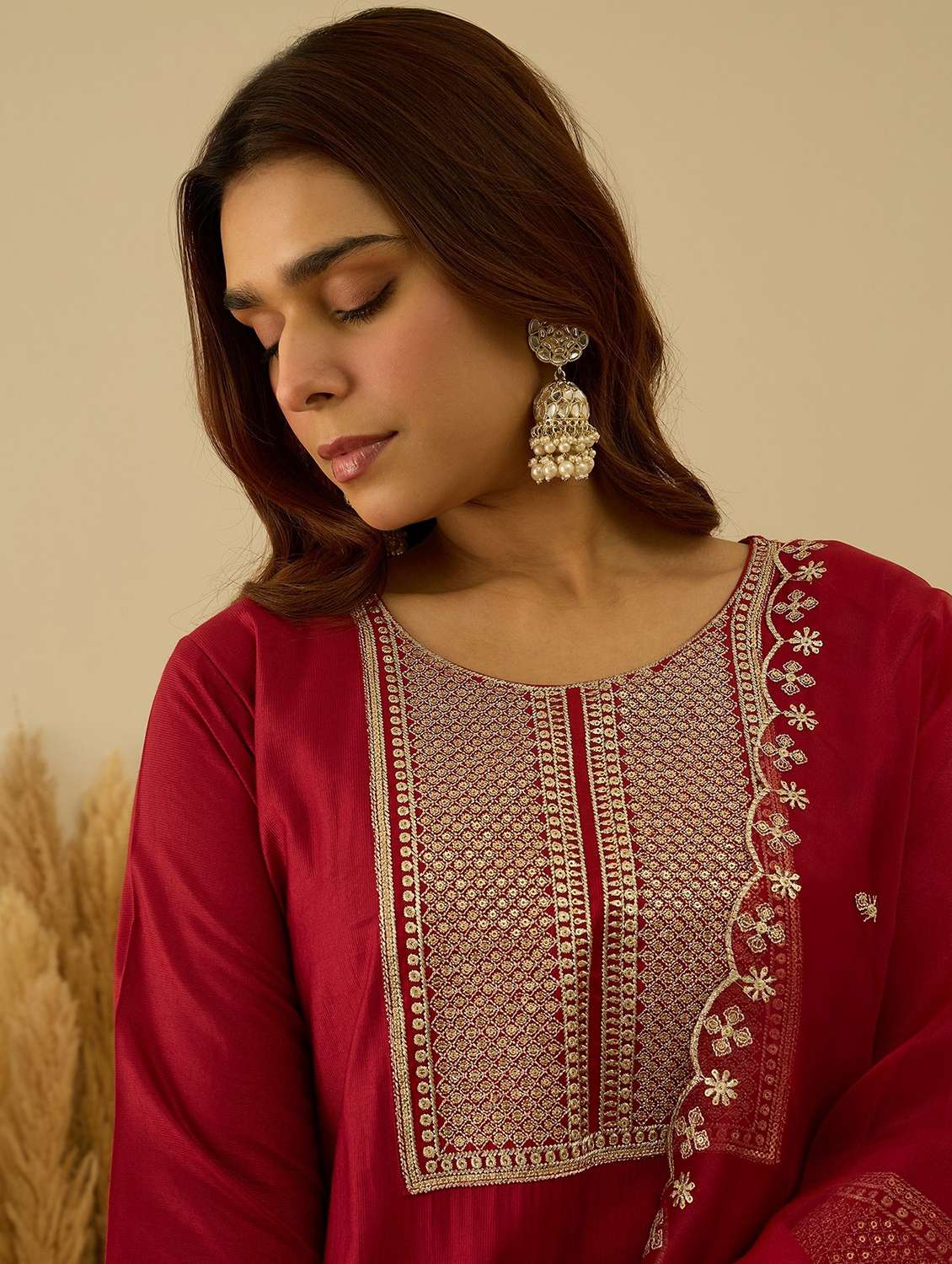 women solid with work three quarter sleeve kurta pant with dupatta set - 22322368 -  Standard Image - 5