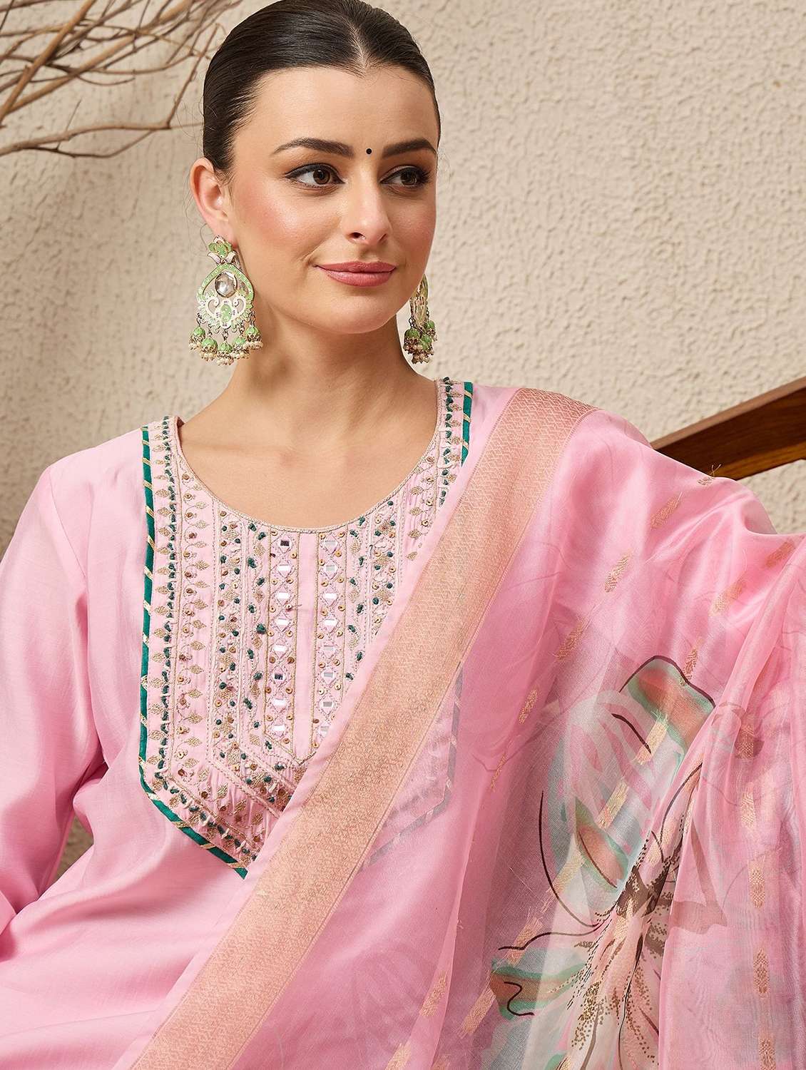 women solid with work three quarter sleeve kurta pant with dupatta set - 22322369 -  Standard Image - 3