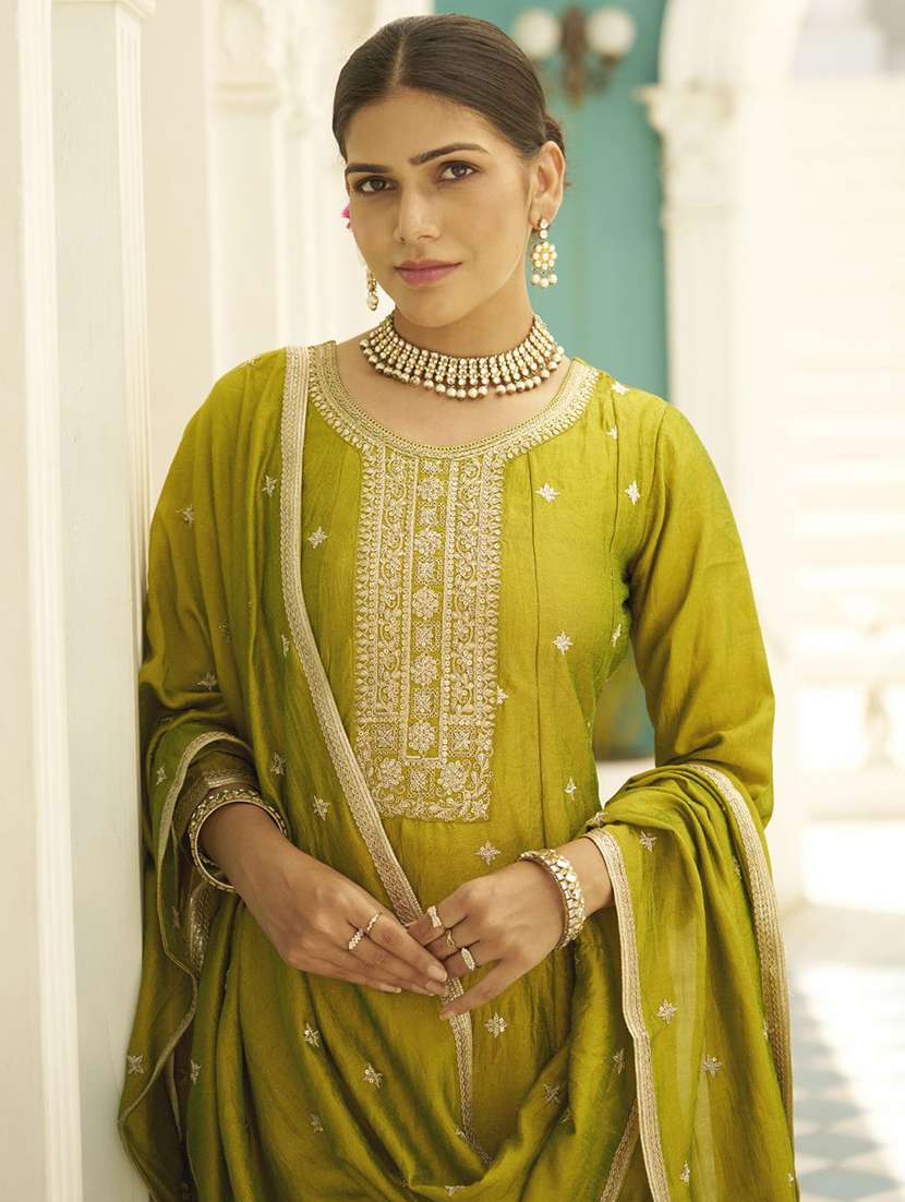 women solid with work three quarter sleeve kurta pant with dupatta set - 22322375 -  Standard Image - 5