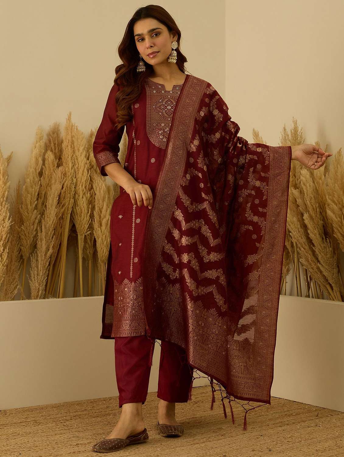 women self design three quarter sleeve kurta pant with dupatta set