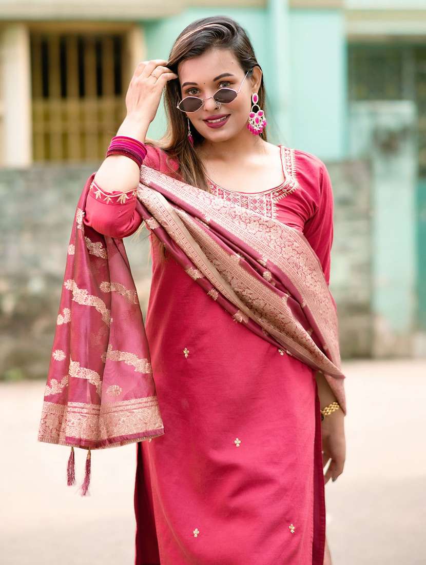 women solid with work three quarter sleeve kurta pant with dupatta set - 22322394 -  Standard Image - 3